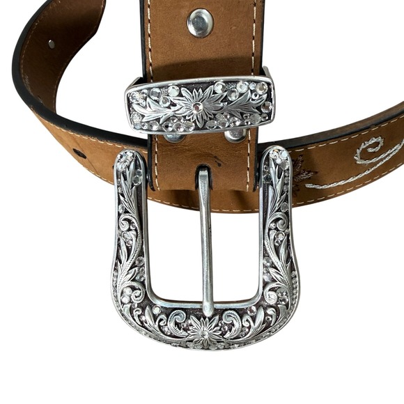 Nocona Belt Co Womens Brown Suede Rhinestone Floral Embroidered Western Belt M - Picture 3 of 10